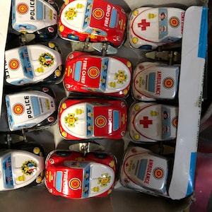 Vintage Tin Litho Windup Cars Police Ambulance & fire car 3 pcs for your purchase price