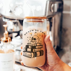 Death By TBR Glass Cup, Bookish Iced Coffee Cup, Skull Book Lover Gift, TBR Cup With Bamboo Lid, Aesthetic Bookish Drinkware For Readers