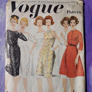 Modello di cucito per abito Vogue Basic Vintage anni &#39;60, taglia mezza Vogue 3004, taglia 181/2, busto 39 pollici
