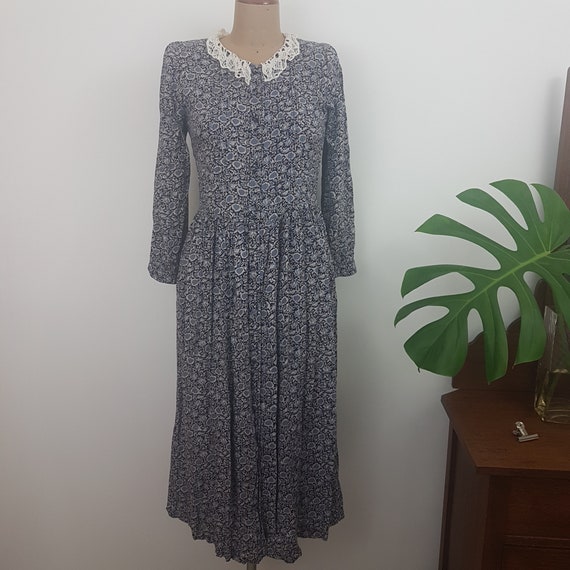 Vintage 80s Nicole Earth Dress SZ 10 Navy Floral L