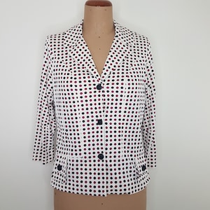 Veste vintage rétro années 70 Ducat pour femme Taille 10, manches 3/4 extensible en jersey à pois