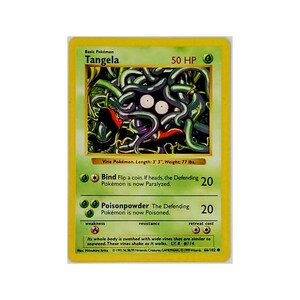 May include: A Tangela Pokemon card from the Pokemon Trading Card Game. The card is green, yellow, and white with an illustration of Tangela, a vine Pokemon. The card has a green background with a picture of Tangela in the center. The card has the text "Tangela" in large, bold letters at the top. The card also has the text "Basic Pokemon" and "50 HP" in smaller letters. The card has a description of Tangela's abilities and stats.