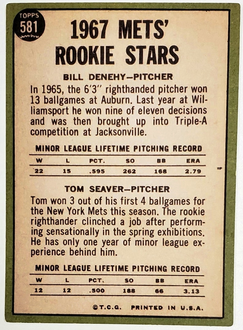 All-Star Tom Terrific Read 1967 Topps Tom Seaver ROOKIE Card #581 ROY New  York Mets HOF Cy Young dexis-iberica Sports Collectibles Memorabilia