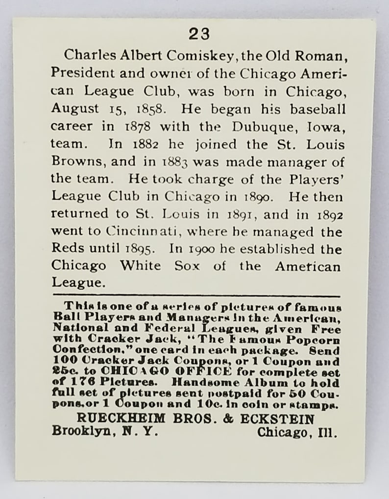 1915 Cracker Jack Ball Players Charles Comiskey Read Owner of White Sox