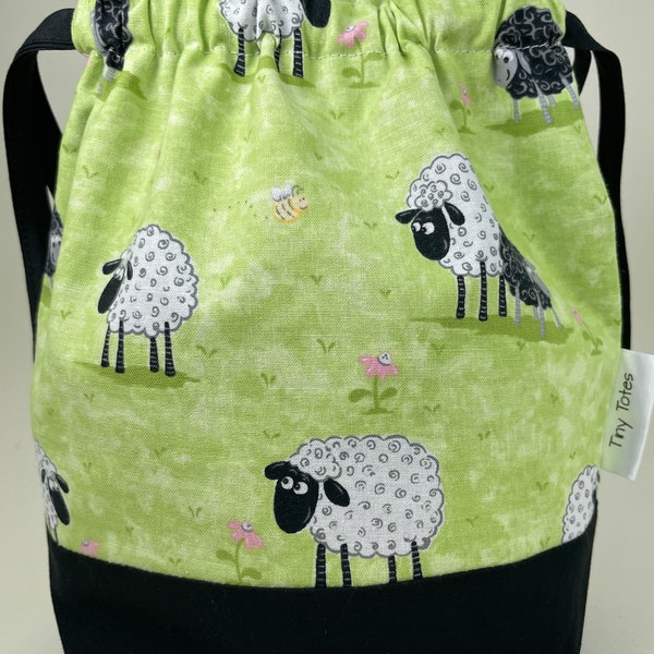 Tiny Totes, Small knitting bag, Project bag, Small drawstring bag, Travel knitting bag, Sock project bag, Sheep knitting bag