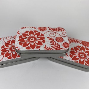 Tiny Tins, Notions tin, Decorative tin, Small tin, Hinged tin, Small Decoupage tin, red and white tin
