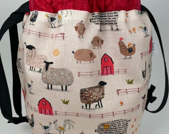 Petits fourre-tout, petit sac à tricoter, sac de projet, petit sac à cordon, sac à tricoter de voyage, sac de projet de chaussettes, sac à tricoter avec animaux de la ferme