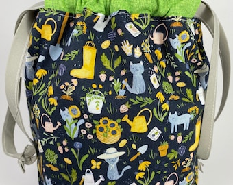 Tiny Totes, Small knitting bag, Project bag, Small drawstring bag, Travel knitting bag, Sock project bag, Kitty garden knitting bag