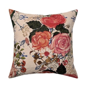 Botanical Floral Pillow Cover: Pink & Red Cottagecore Cushion (50x50cm)