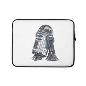 May include: A white and blue robot with a red eye, walking forward. The robot is drawn in a cartoon style with black outlines.