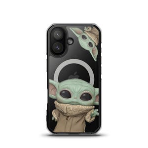 May include: Clear phone case featuring a green alien character with large eyes and a tan coat. The case has a black border and a clear back, with a second smaller alien image at the top.
