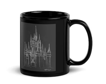 Taza de arte negro del castillo de Cenicienta de Disney - WDW - Taza de café o té de Disney - Taza de cerámica de Disney - Regalo para niños - Regalo para papás - Regalo para niñas - Regalo para mamás