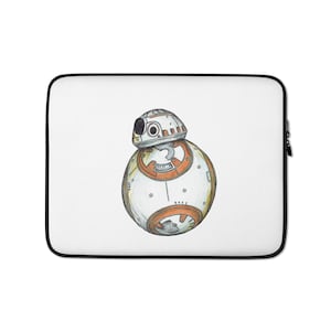May include: A white and orange cartoon illustration of a droid, BB-8, on a white laptop sleeve.