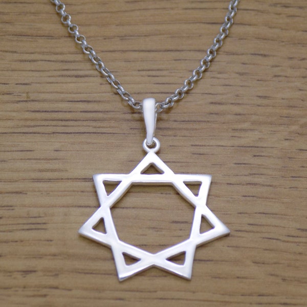 Solid 925 Sterling Silver Heptagram Septagram Symbol Necklace Pendant with Chain Seven-Pointed Star Astrology Sign Handmade Design