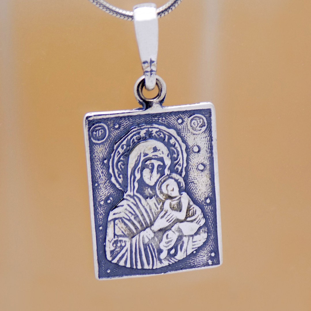 925 Sterling Silver Saint Virgin Mary Child Jesus Icon Pendant & Black ...