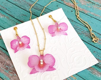 Orchid Gold Plated Necklace and Earings Set/ Hook Earing/ Clip-On Earing/Swarovski crystal, Mother's Day Gift, for her