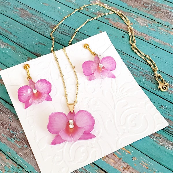 Orchid Gold Plated Necklace and Earings Set/ Hook Earing/ Clip-On Earing/Swarovski crystal, Mother's Day Gift, for her