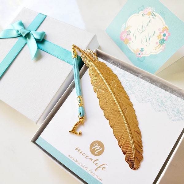 Personalized Initial Metal Feather Bookmark w. Gold Letters & Gift Box/ Gift for mom