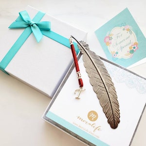 Personalized Initial Metal Feather Bookmark w. Silver Letters & Gift Box