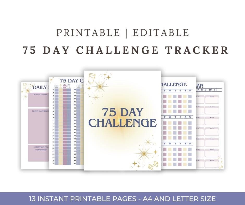 75 Day Challenge Tracker | 75 Hard Tracker| 75 Soft | Customisable Template| Printable