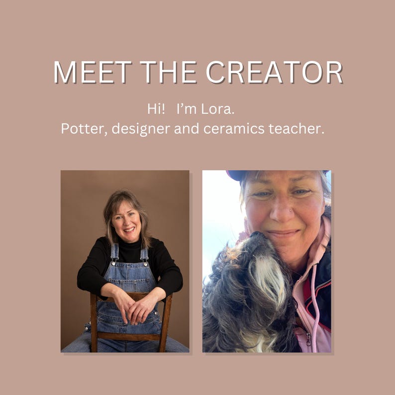 May include: A woman with short brown hair is sitting on a wooden chair. She is wearing a black shirt and blue overalls. The background is a light brown wall. The woman is smiling and looking at the camera. The image is split into two parts, with the other part showing a woman with a dog.