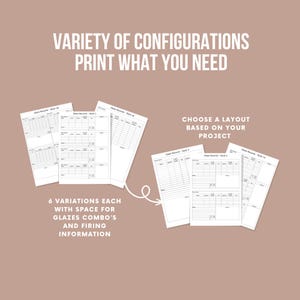 May include: Six different printable glaze record templates with space for glaze combinations and firing information. Choose the layout that best suits your project.