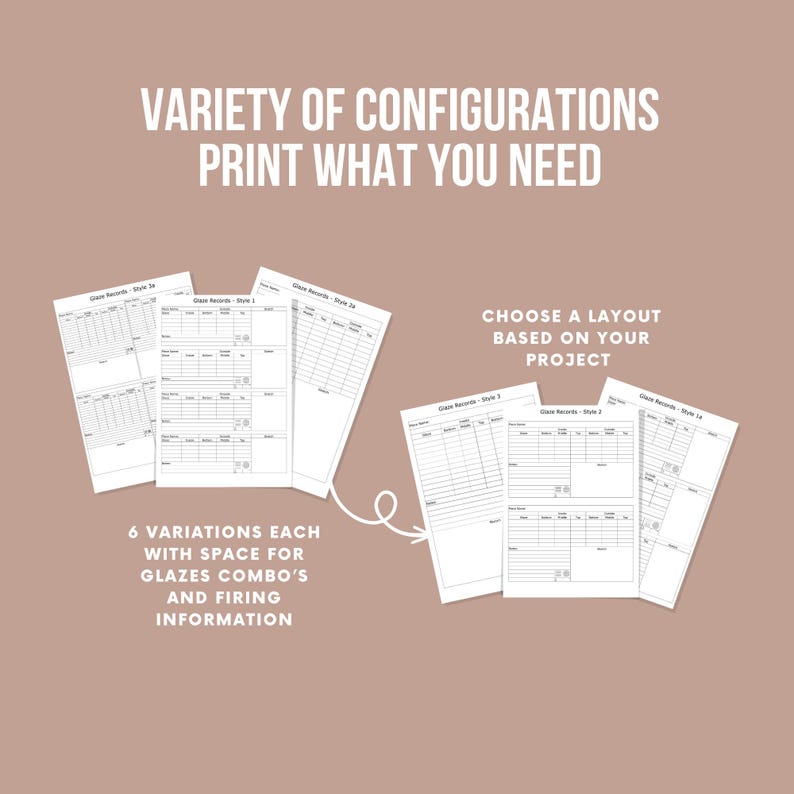 May include: Six different printable glaze record templates with space for glaze combinations and firing information. Choose the layout that best suits your project.