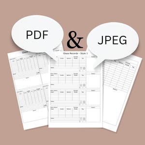 May include: A printable glaze record sheet in PDF and JPEG format. The sheet includes sections for piece name, glaze, inside, bottom, outside, middle, top, notes, and a sketch area.