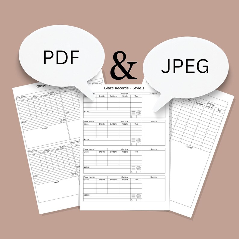 May include: A printable glaze record sheet in PDF and JPEG format. The sheet includes sections for piece name, glaze, inside, bottom, outside, middle, top, notes, and a sketch area.