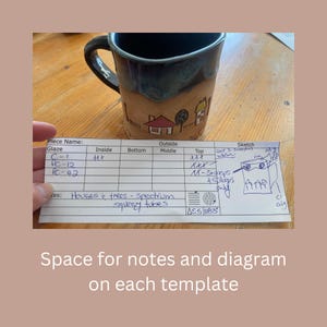 May include: A ceramic mug with a brown, blue, and green glaze. The mug has a house and tree design on the side. The mug is sitting on a wooden table. A handwritten note card with a table and a sketch of the mug is next to the mug. The note card has the text "Piece Name: Glaze Inside Bottom Outside Middle Top Sketch C-1 ht XXX Coat 3-swoops PC-12 AX-Swoops & Slopes PC-42 M-Swoops only AAP CI only Houses & trees - spectrum squeezy tubes &Delta;&epsilon;&sigmaf; 1183"