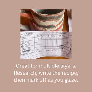 May include: A close-up of a ceramic mug with a red and brown glaze. A handwritten chart lists the glazes used on the mug, including "CI", "PC 57", "PC 24", "PC 21", and "cosmic tea dust".
