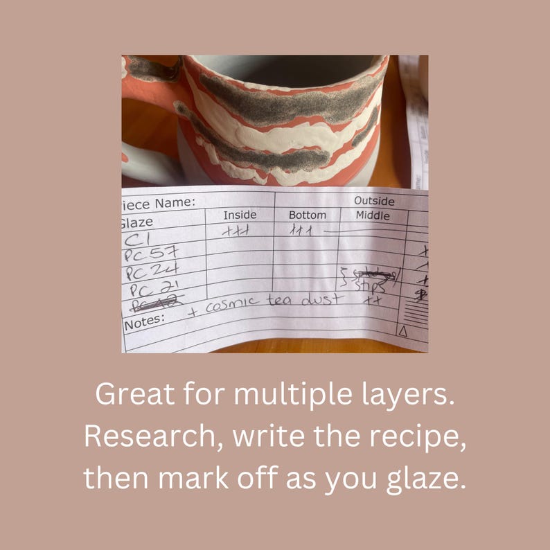 May include: A close-up of a ceramic mug with a red and brown glaze. A handwritten chart lists the glazes used on the mug, including "CI", "PC 57", "PC 24", "PC 21", and "cosmic tea dust".