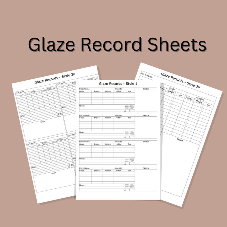May include: Three printable glaze record sheets for potters. The sheets are labeled "Glaze Records - Style 3a", "Glaze Records - Style 1", and "Glaze Records - Style 2a". Each sheet has sections for recording glaze name, piece name, notes, and a sketch.