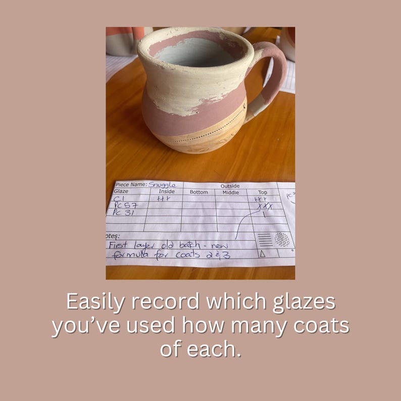 May include: A ceramic mug with a pink and white glaze. The mug is labeled "Snuggle" and has a chart listing the glazes used on the inside, bottom, middle, and top of the mug. The chart notes that the first layer is "old batch - new formula for coats 2 & 3".