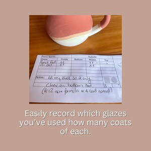 May include: A handwritten chart for recording glaze application on a pottery piece. The chart includes sections for "Piece Name", "Glaze", "Inside", "Bottom", "Outside", "Middle", and "Top". The glaze listed is "React Red PC 20". The notes section reads "RR very thick so a only. Clear on bottom ord (PC12 new formula e 4 coat normal)".