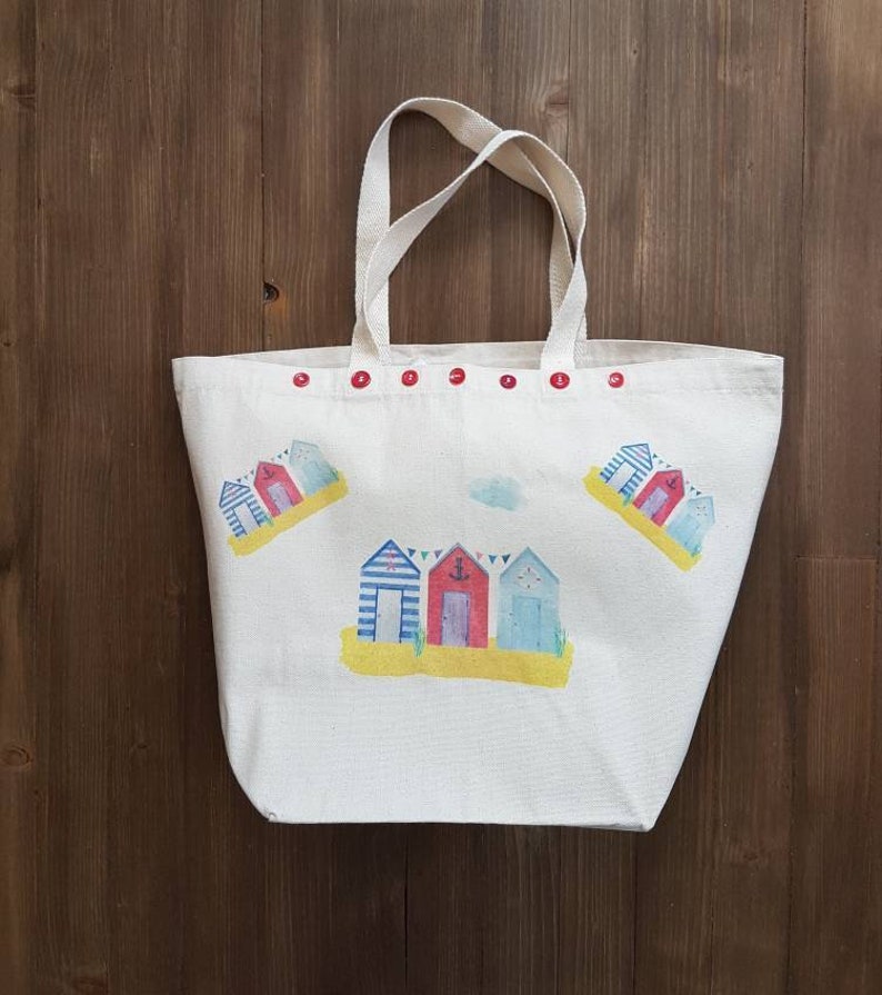 Gift Bag Beach Huts Large Tote Bag in 100/% Unbleached Cotton with Button Details Unique Gift Beach Bag Shopper