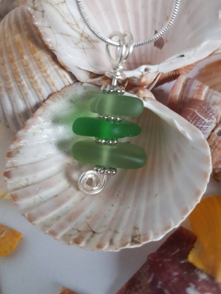 Shades of Green Frosted Sea Glass Pendant Stack. Suspended on | Etsy