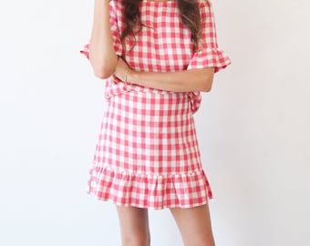 Gingham High Waisted Ruffled Skirt. Ladies Linen Red Check Mini Skirt. Ra Ra Skirt - Dolly