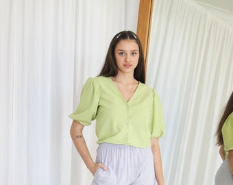 Light Green Puff Sleeve Top. Ladies Pastel Green Cottage Peasant Blouse. Caroline Blouse- Kiwi