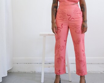 High Waisted Linen Trousers. Printed Abstract Peach Pants. Statement Bold Pattern Pink Pants. Weekday Trousers- Guava