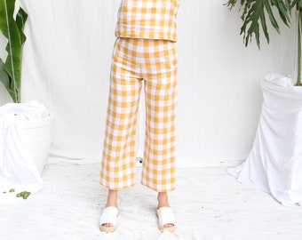 Pantalones de lino Gingham amarillos de cintura alta. Ladies Gold Check Cropped Pants Wide Leg Pants. Pantalones Cilla- Honey Check