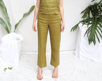 High Waisted Green Linen Trousers. Ladies Bright Pants. Weekday Trousers- Avocado