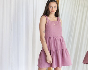 Ruffled Linen Dress. Ladies Dark Pink Sleeveless Frilled Party Dress. Maroon Spring Smock Dress. Paris Tier Dress- Raspberry