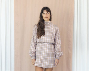 Linen Pastel Check Blouse. Ladies Lavender and Brown Statement Long Sleeve Top. Fable Blouse- Thistle Gingham