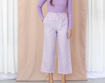 High Waisted Linen Stripe Trousers. Ladies Pastel Purple Elastic Waist Pants. Grace Trousers- Lilac Stripe