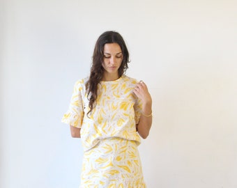 Yellow Floral Ruffle Sleeve Blouse. Ladies Hemp Organic Cotton Top. Ness Top - Prairie