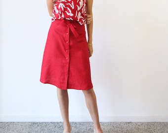 High Waisted Red Linen Skirt, Ladies A line Spring Summer Skirt, Button Up Knee Length, Phoebe Skirt - Crimson