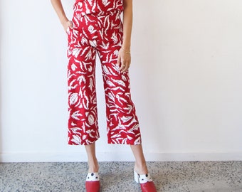 High Waisted Linen Trousers, Ladies Red Printed Statement Graphic Cropped Pants, Cilla Trousers - Glade