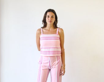 Pink Stripe Cropped Tank Top. Spaghetti Strap Handwoven Cotton Singlet Top. Varella Singlet - Kandy Stripe