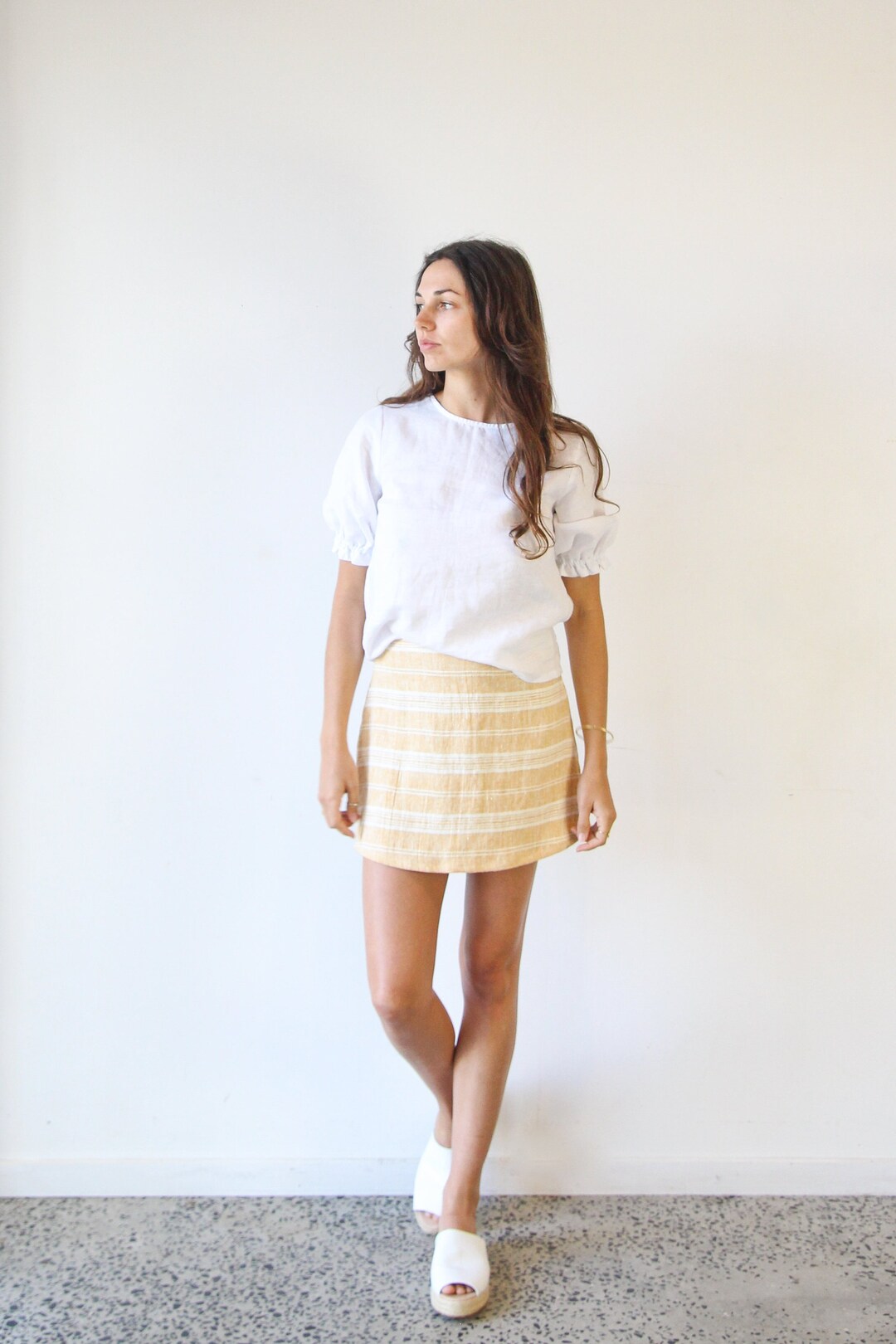 High Waisted Linen Mini Skirt. Ladies Textured Stripe A-line Skirt 
